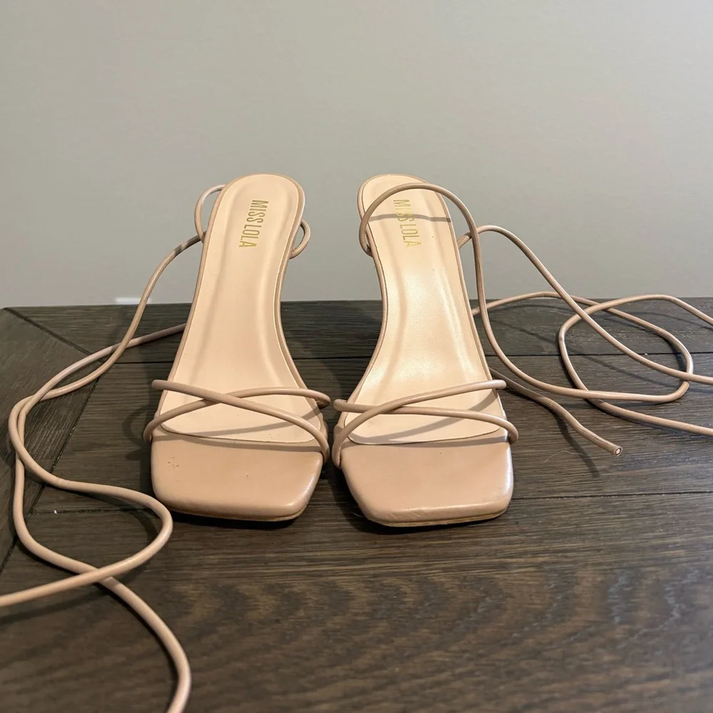 Miss Lola Blush Strappy Wrap Wedge Sandals - Picture 2 of 4